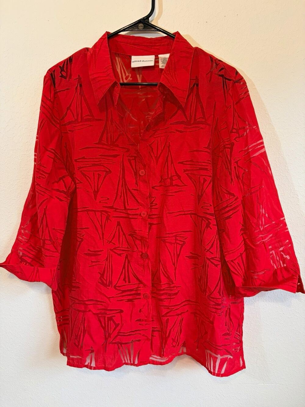 Alfred Dunner Red Sheer Burnout Sailboat Chiffon Blouse Womens 14